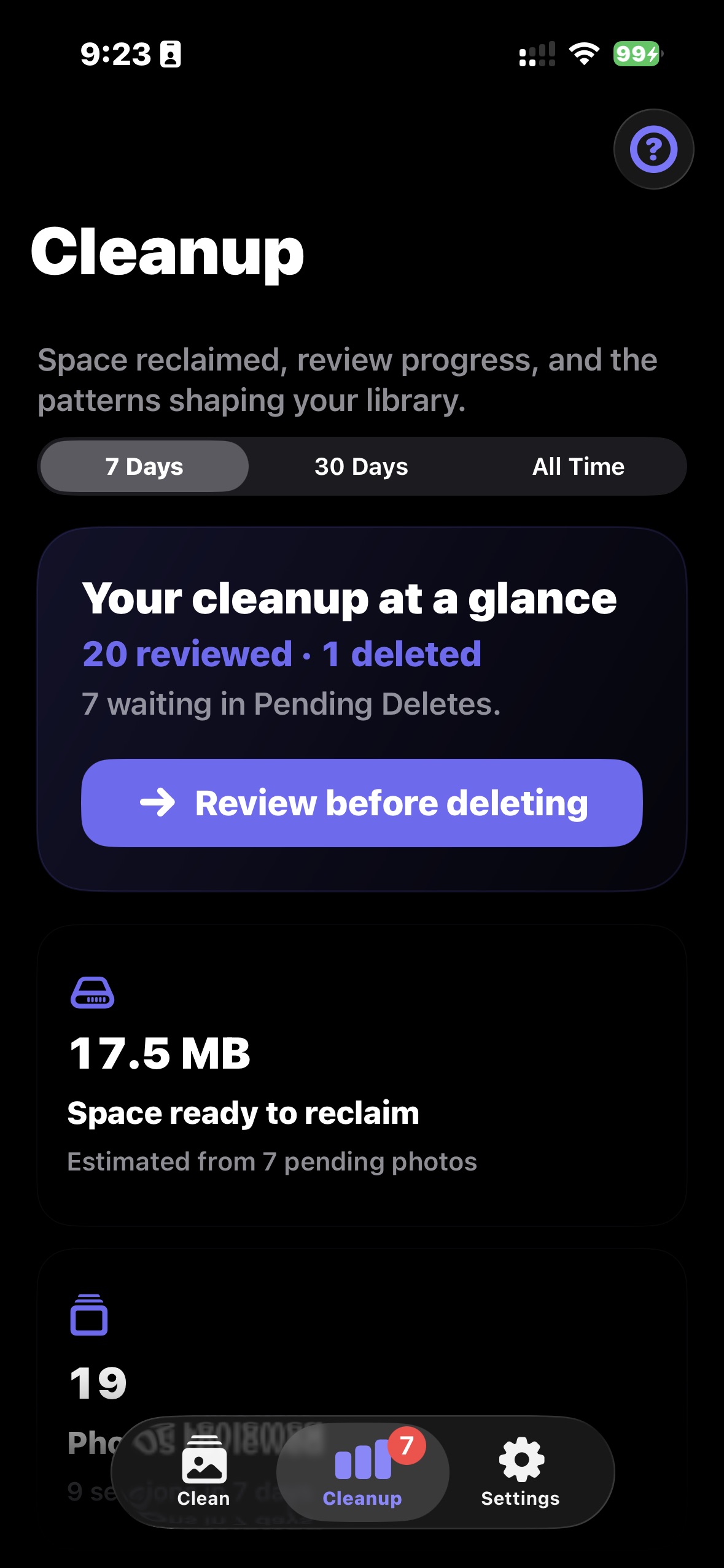 CleanSwype Cleanup screen showing seven-day progress, reviewed and deleted totals, and estimated space ready to reclaim