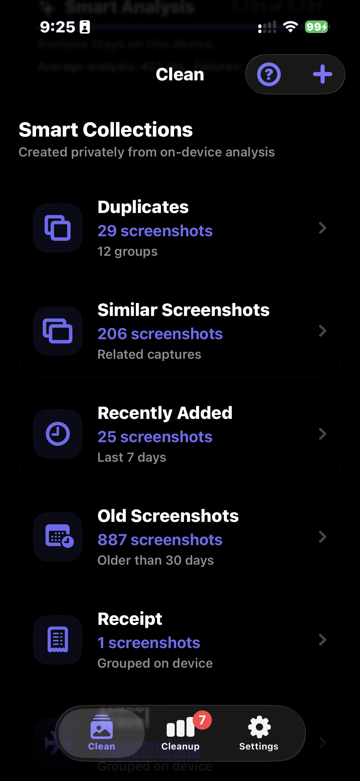 CleanSwype Smart Collections screen showing duplicate, similar, recent, and older screenshot groups
